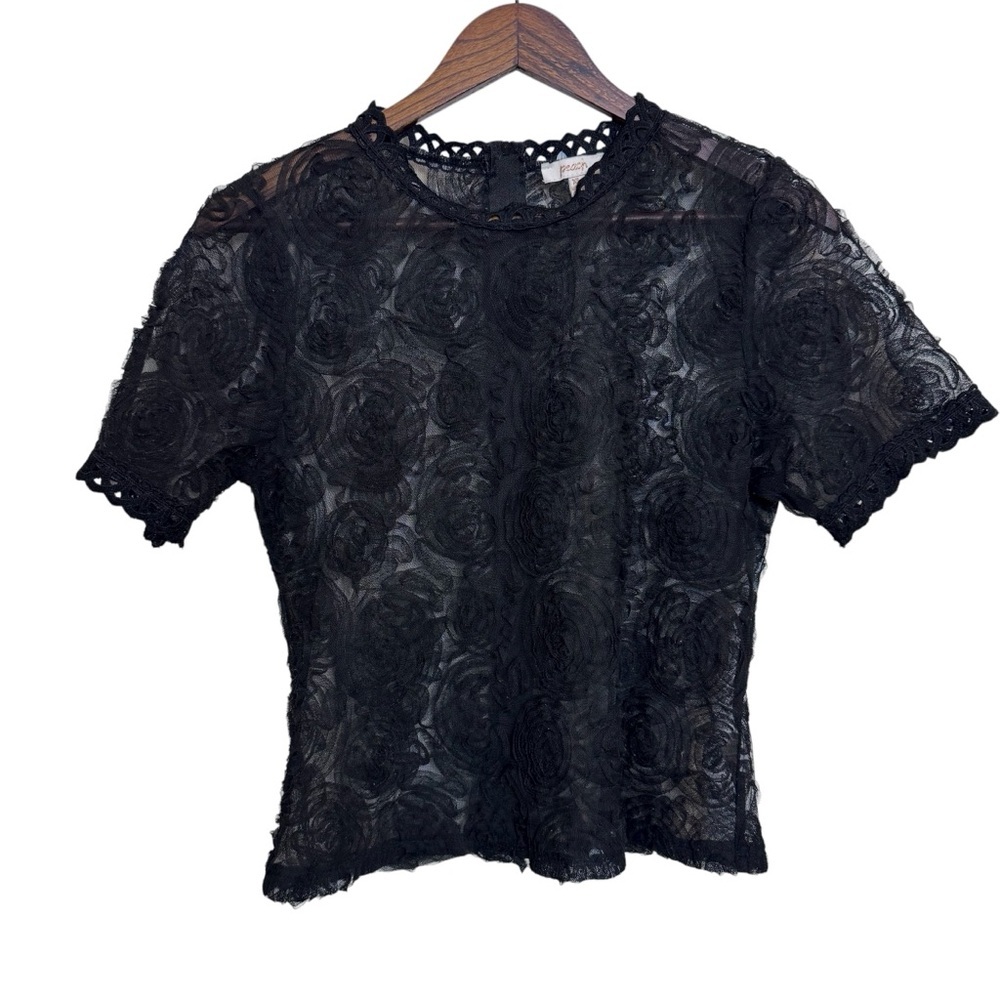 Peach Black Mesh Floral Detail Zip Up Back Top